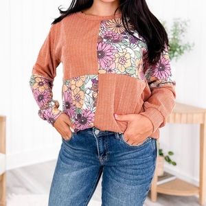 Retro Floral + Rust Color Block Long Sleeve